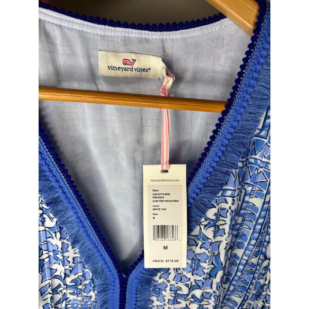 Vineyard Vines Dress Womens M Blue White Scarf Print Pintuck NWT Mini - Picture 2 of 8